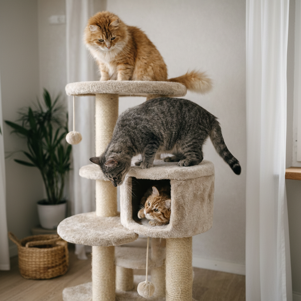 Chats sur arbre à chat fond naturel