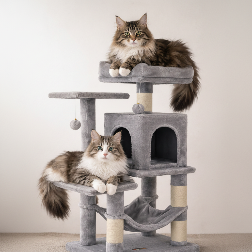 Deux chats sur arbre à chat fond naturel