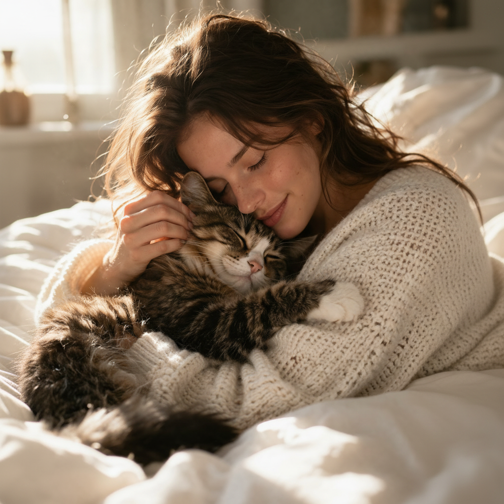 Femme et chat câlin