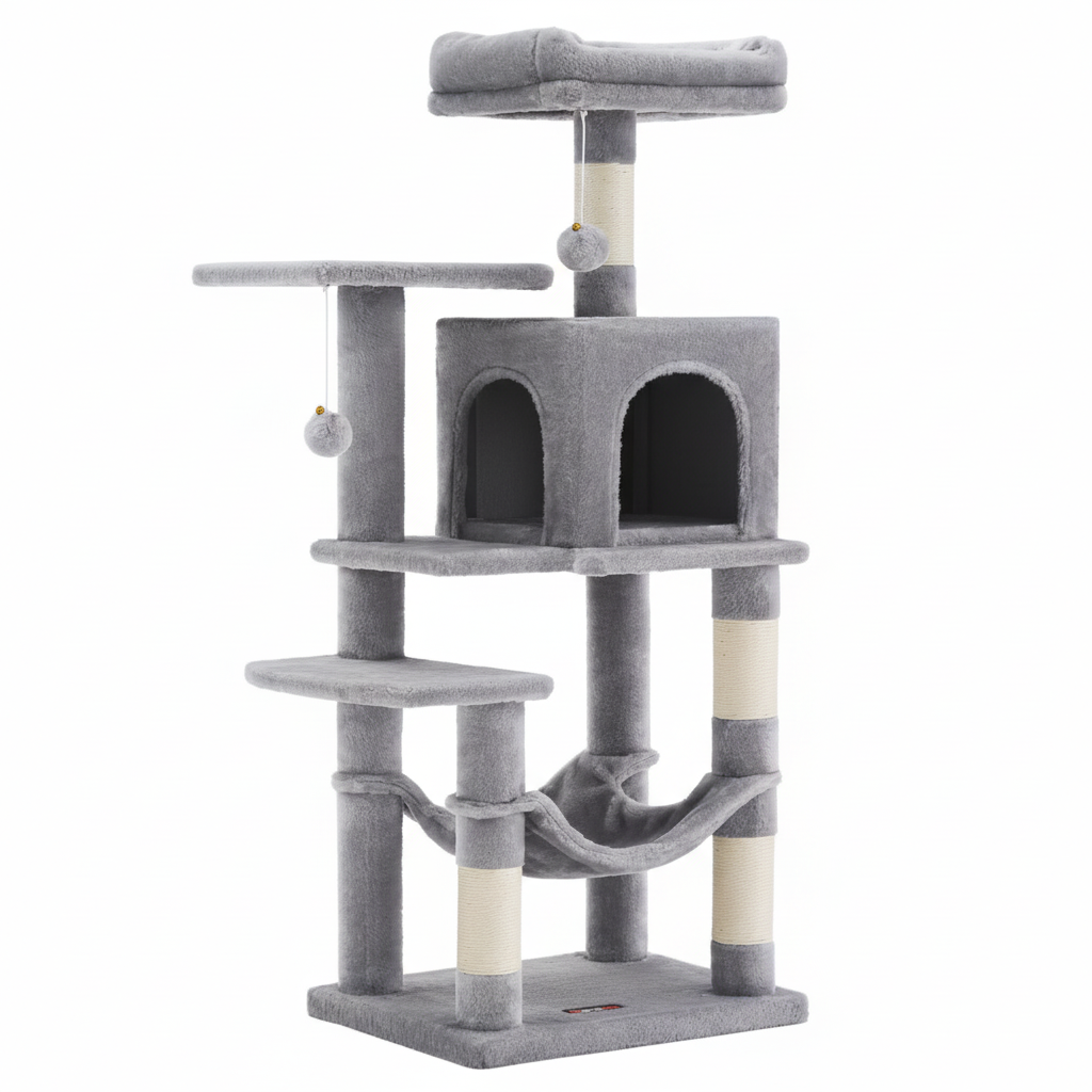 Arbre à chat moderne avec griffoir, plateformes et hamac
