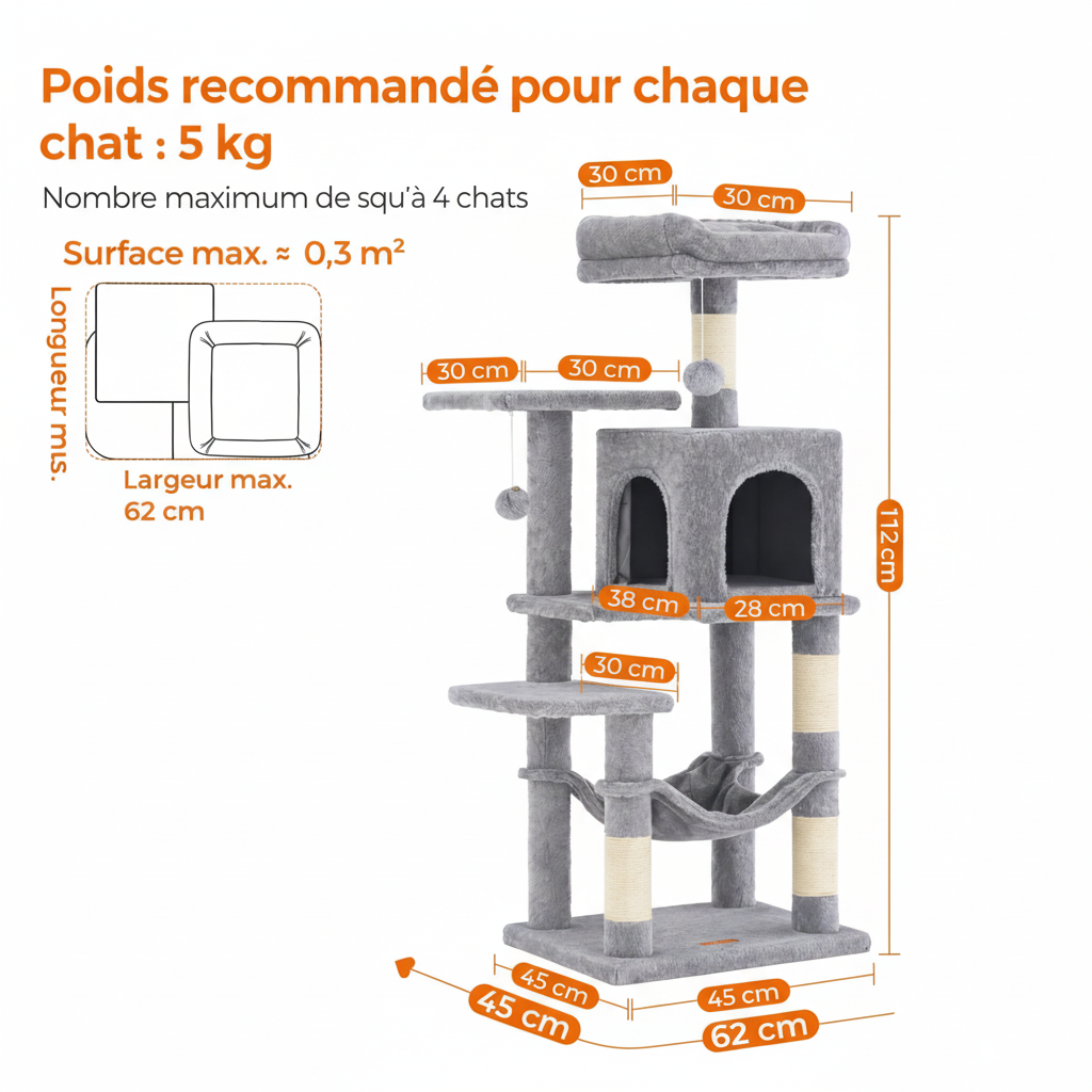 Arbre à chat moderne avec griffoir, plateformes et hamac