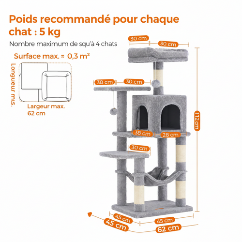 Arbre à chat moderne avec griffoir, plateformes et hamac