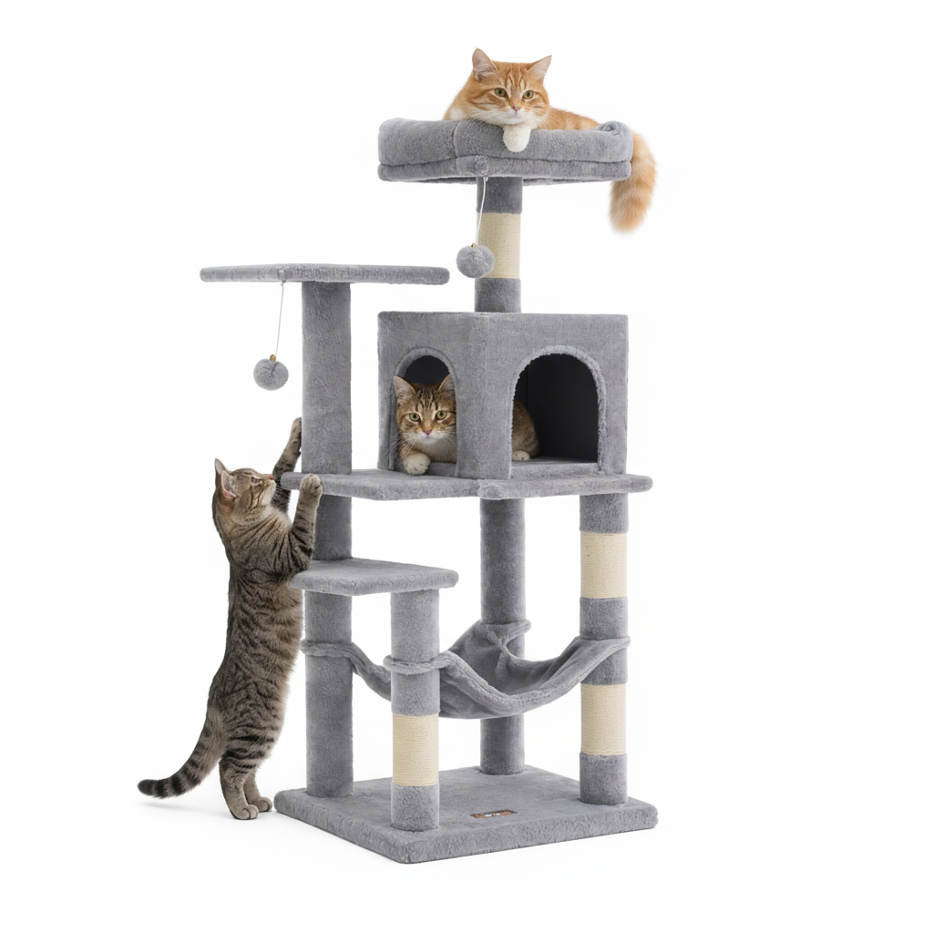 Arbre à chat moderne avec griffoir, plateformes et hamac