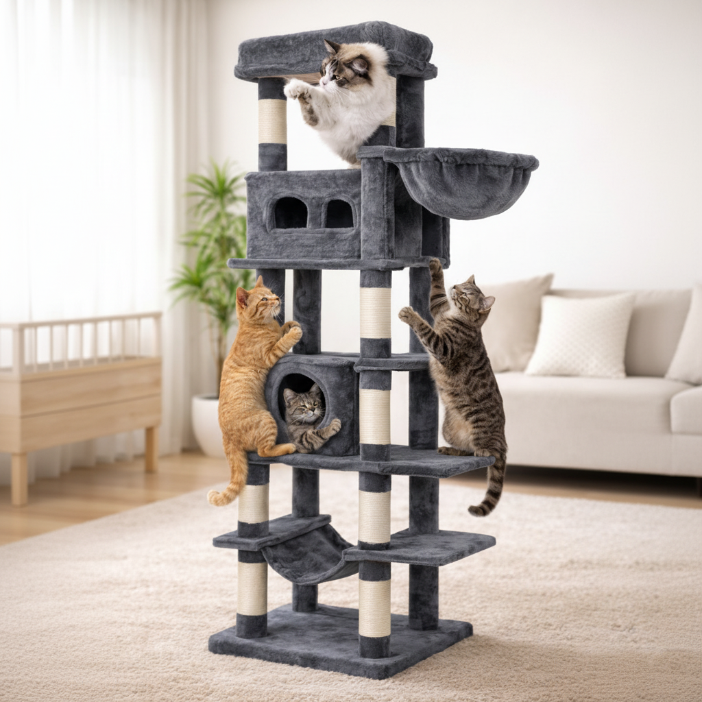Arbre à chat Luxy avec griffoir, cachettes et hamac suspendu