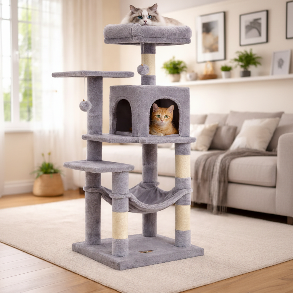 Arbre à chat moderne avec griffoir, plateformes et hamac