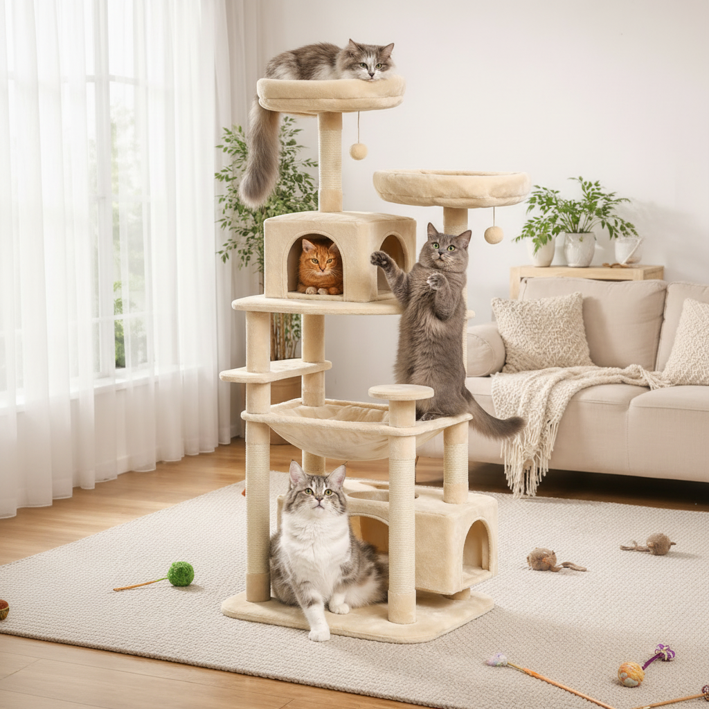 Arbre à chat Royal avec griffoir, niches et hamac suspendu