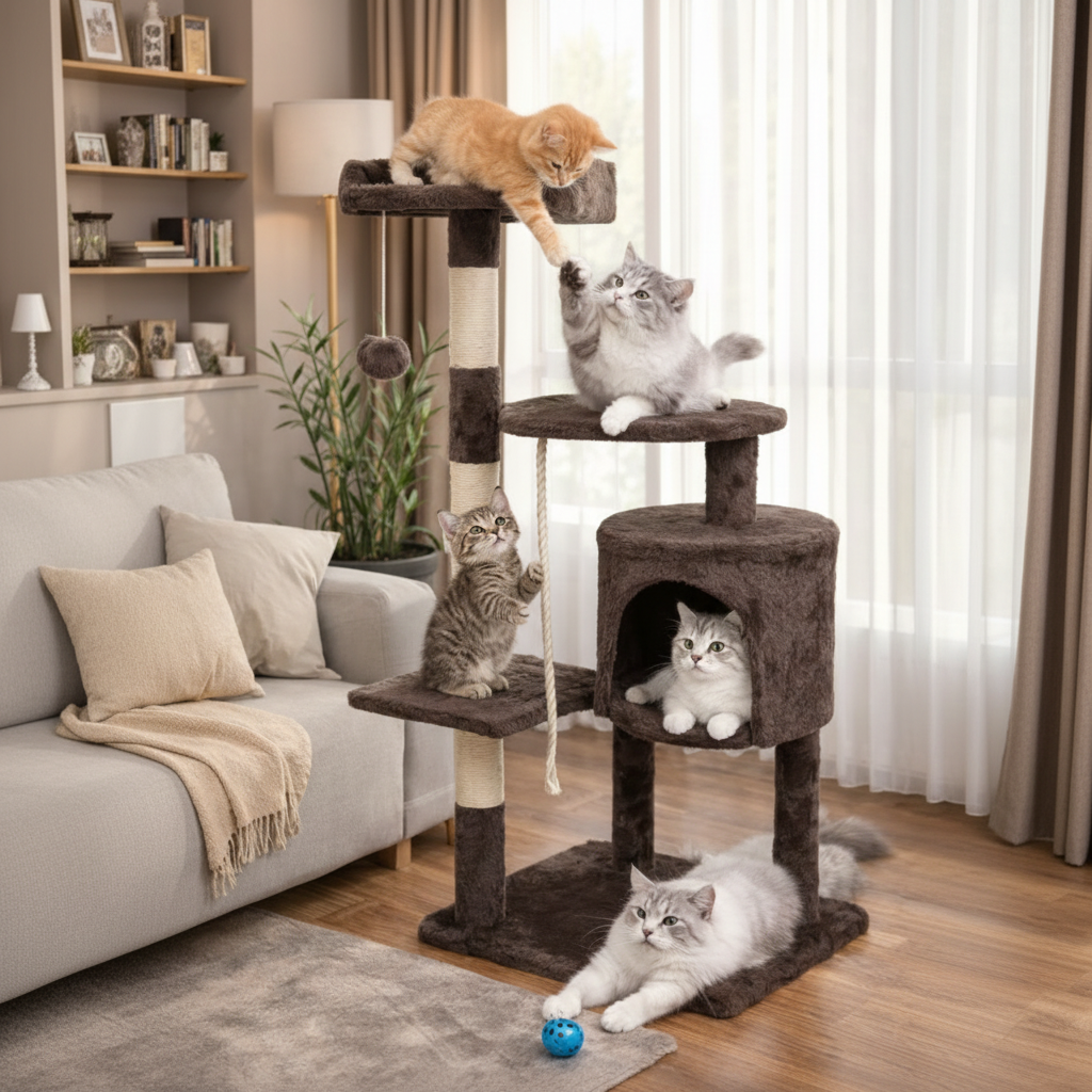 Arbre à chat multifonction avec griffoir, cachette et jouet suspendu